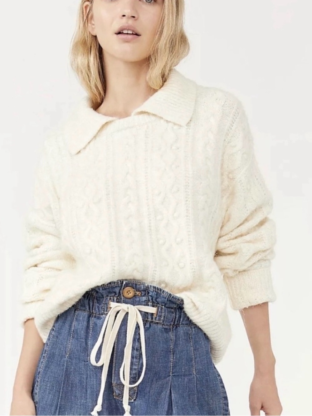 Free People Women’s Small Cream Cable Knit Collared Cropped Sweater
